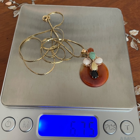 14k 585 GOLD ITALY MULTICOLOR JADE ONYX DISC FLOWER PENDANT NECKLACE 21 3/4CHAIN - Picture 6 of 15